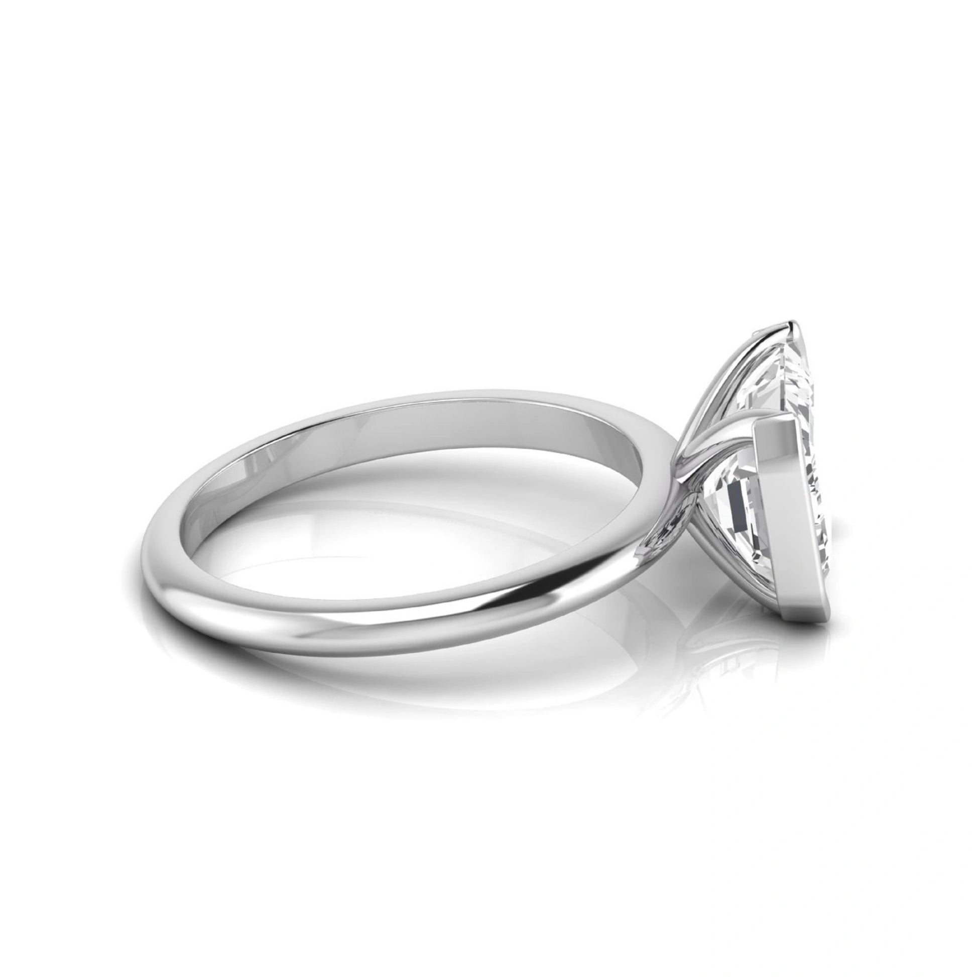 Emerald cut lab grown diamond engagement ring featuring a 5.00 carat center diamond in a modern half bezel solitaire setting with a polished white gold tone band.