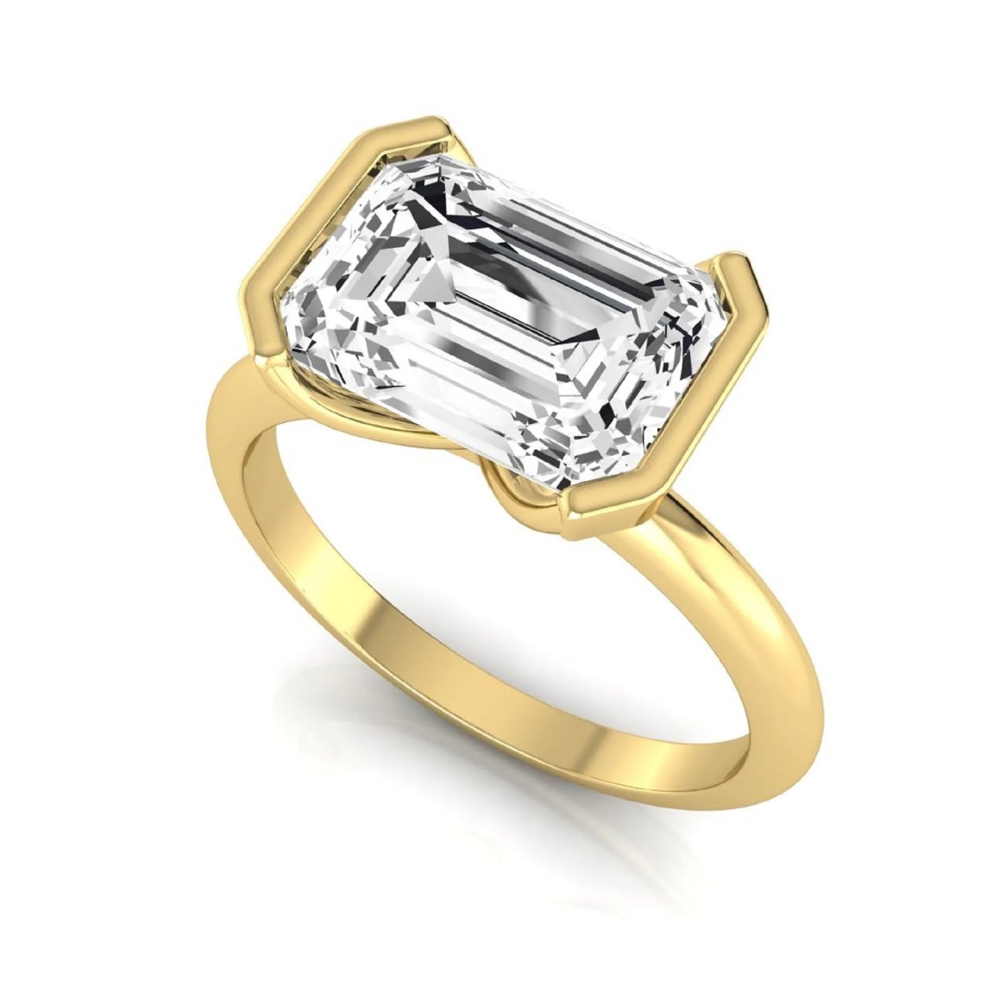 Emerald cut lab grown diamond engagement ring featuring a 5.00 carat center diamond in a modern half bezel solitaire setting with a polished yellow gold tone band.
