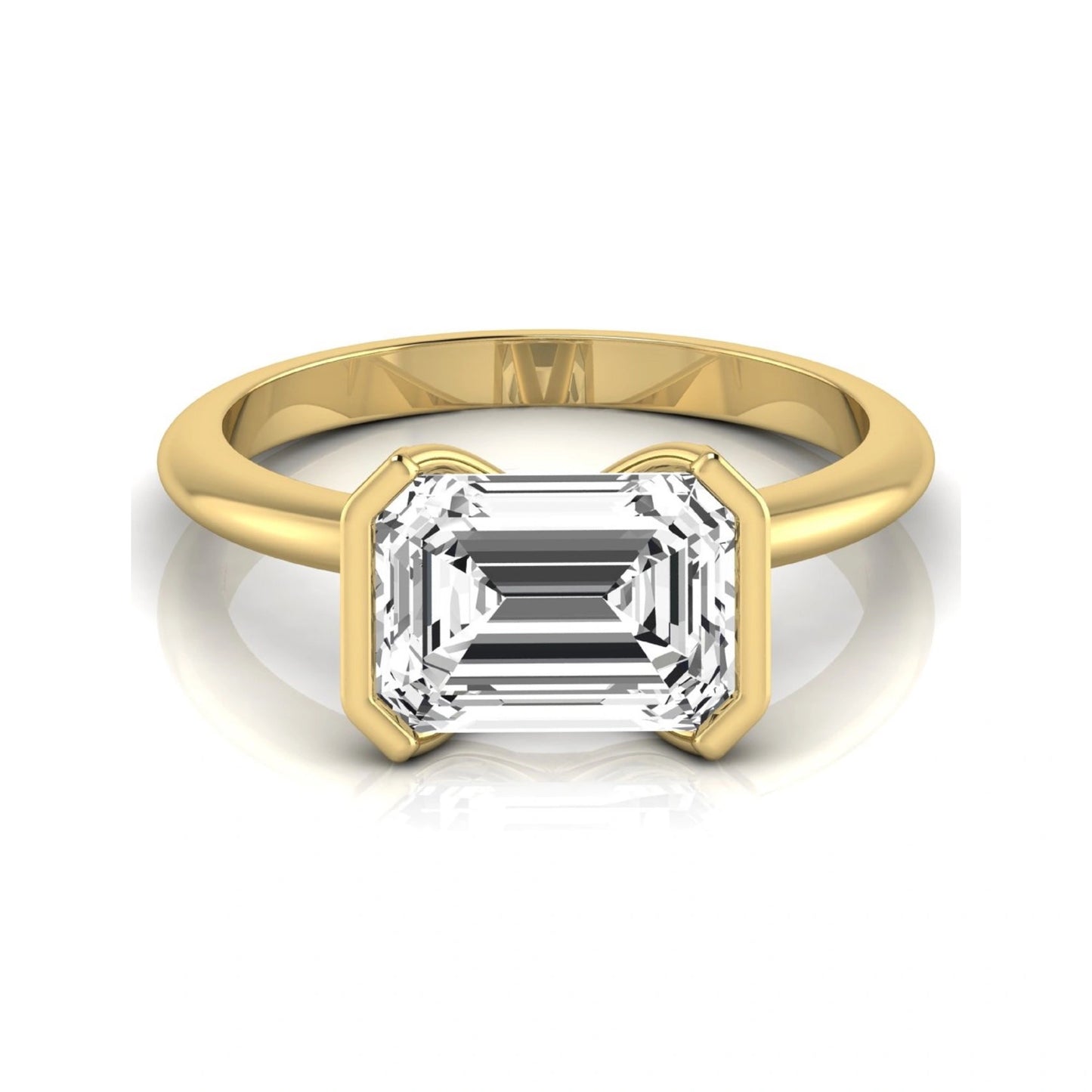 Emerald cut lab grown diamond engagement ring featuring a 5.00 carat center diamond in a modern half bezel solitaire setting with a polished yellow gold tone band.
