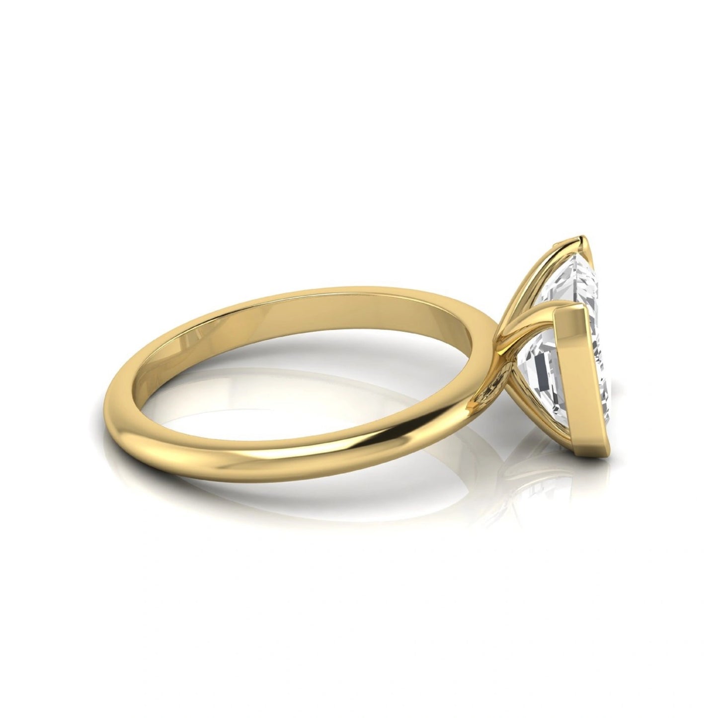 Emerald cut lab grown diamond engagement ring featuring a 5.00 carat center diamond in a modern half bezel solitaire setting with a polished yellow gold tone band.
