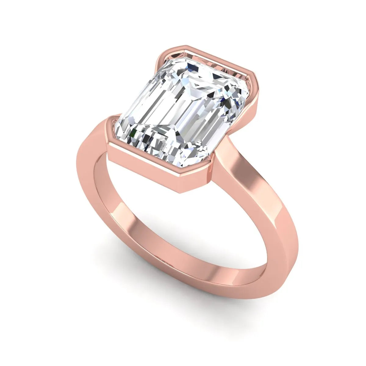 Emerald cut lab grown diamond half bezel solitaire engagement ring in rose gold setting