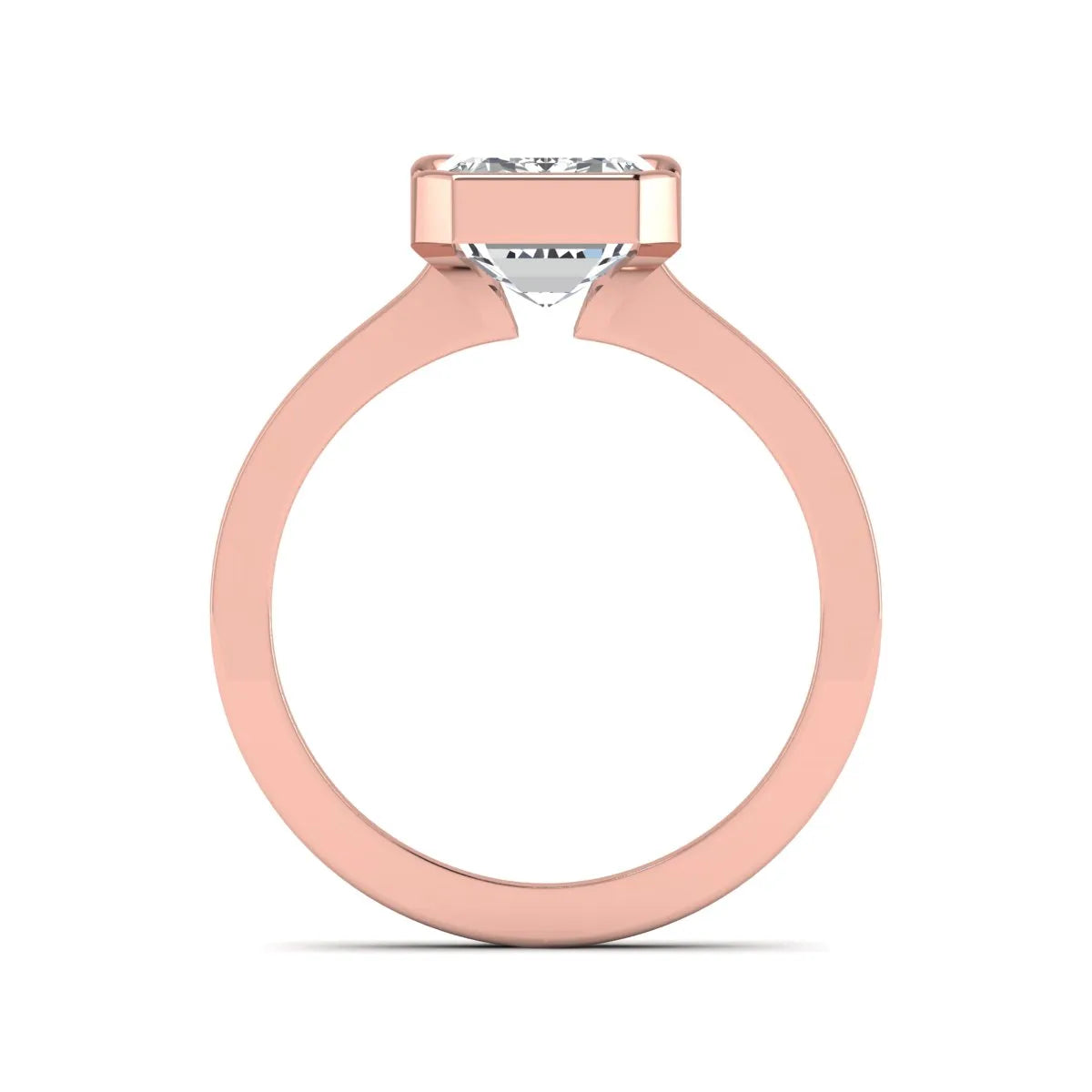 Emerald cut lab grown diamond half bezel solitaire engagement ring in rose gold setting
