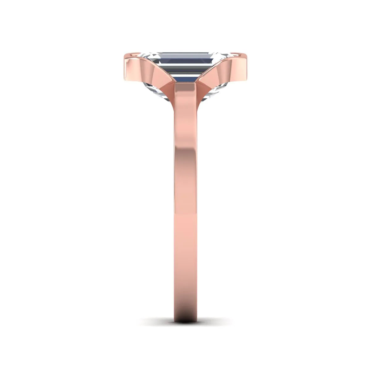 Emerald cut lab grown diamond half bezel solitaire engagement ring in rose gold setting