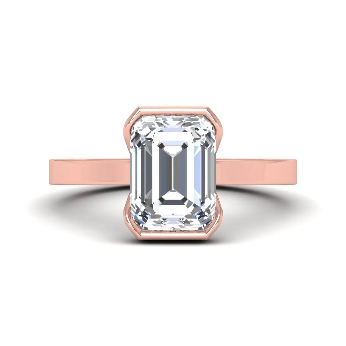 Emerald cut lab grown diamond half bezel solitaire engagement ring in rose gold setting