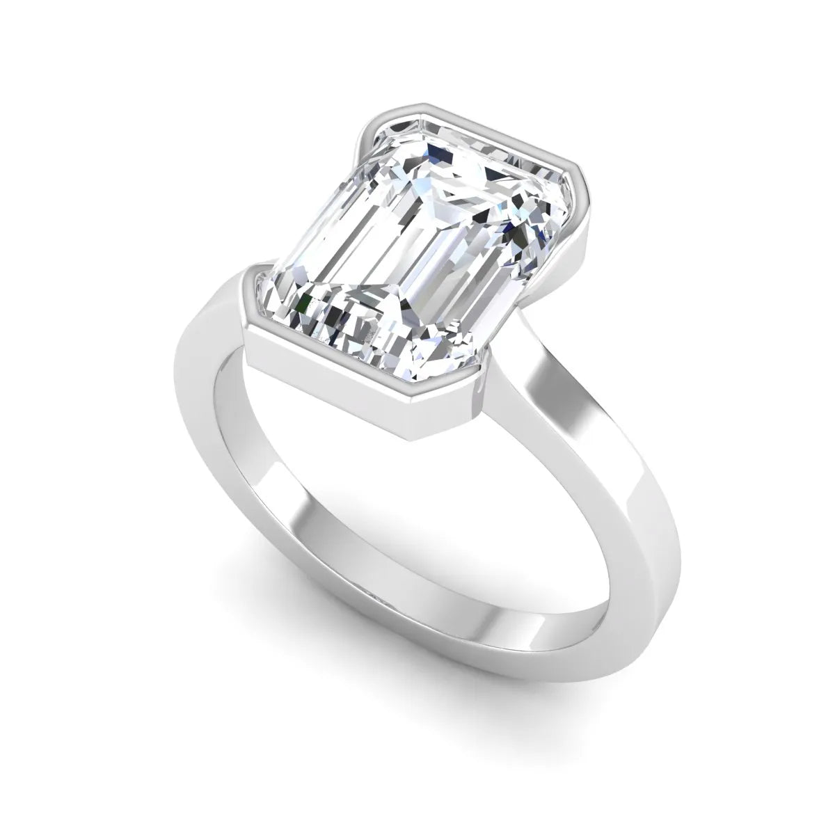 Emerald cut lab grown diamond half bezel solitaire engagement ring in white gold setting