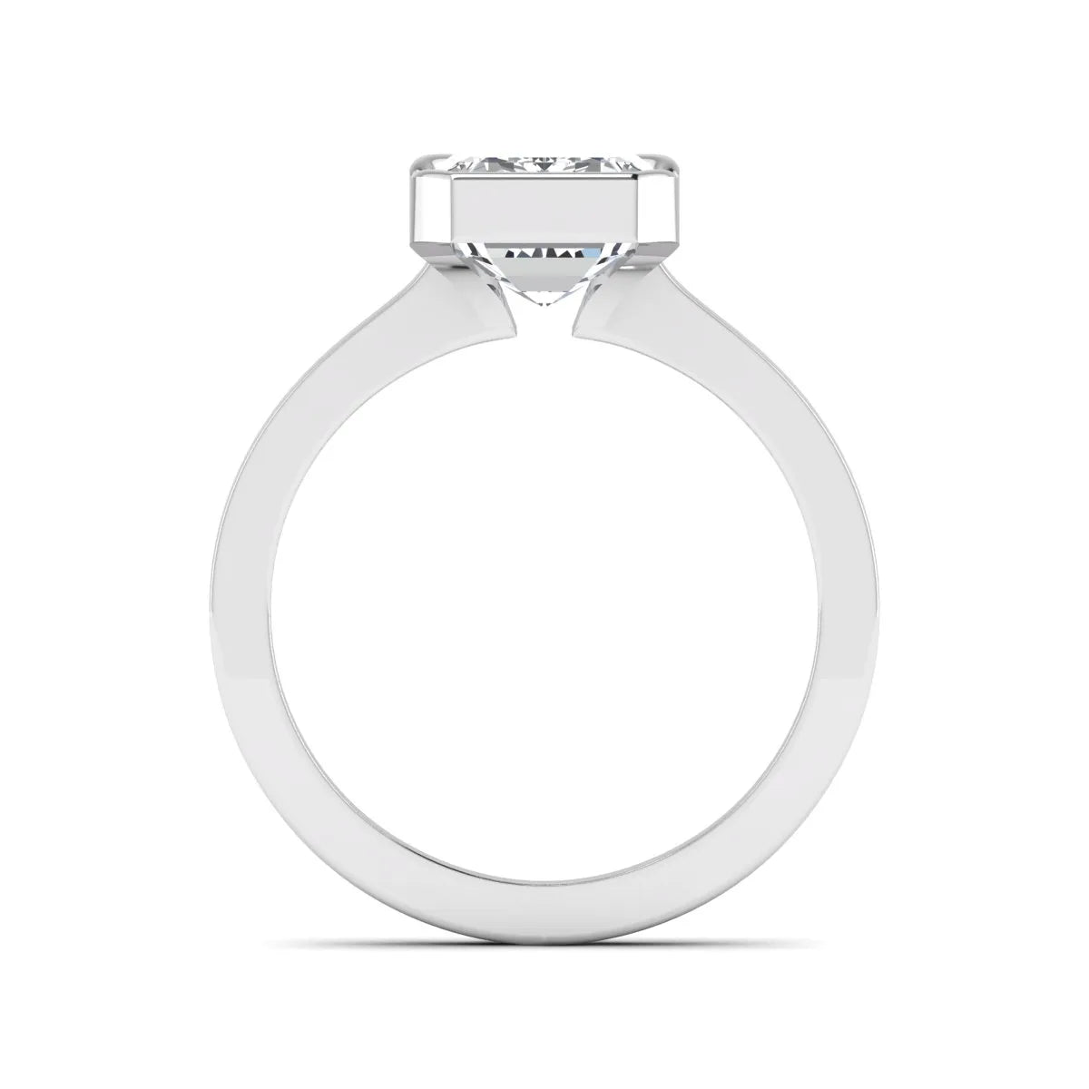 Emerald cut lab grown diamond half bezel solitaire engagement ring in white gold setting