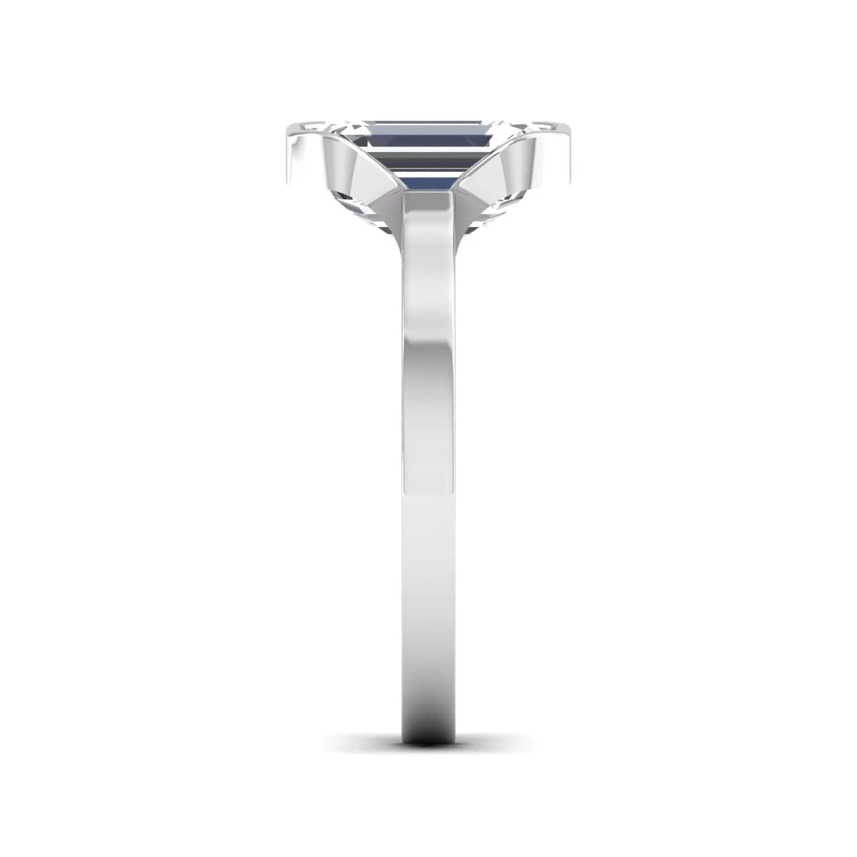 Emerald cut lab grown diamond half bezel solitaire engagement ring in white gold setting