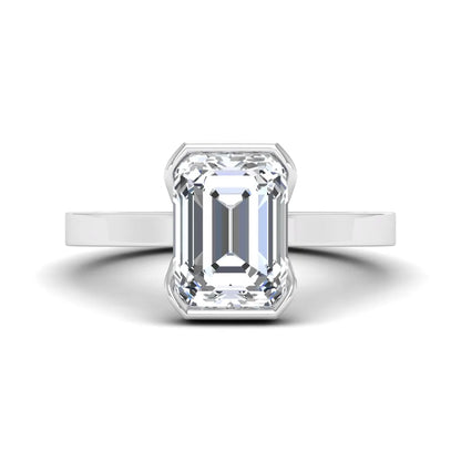 Emerald cut lab grown diamond half bezel solitaire engagement ring in white gold setting