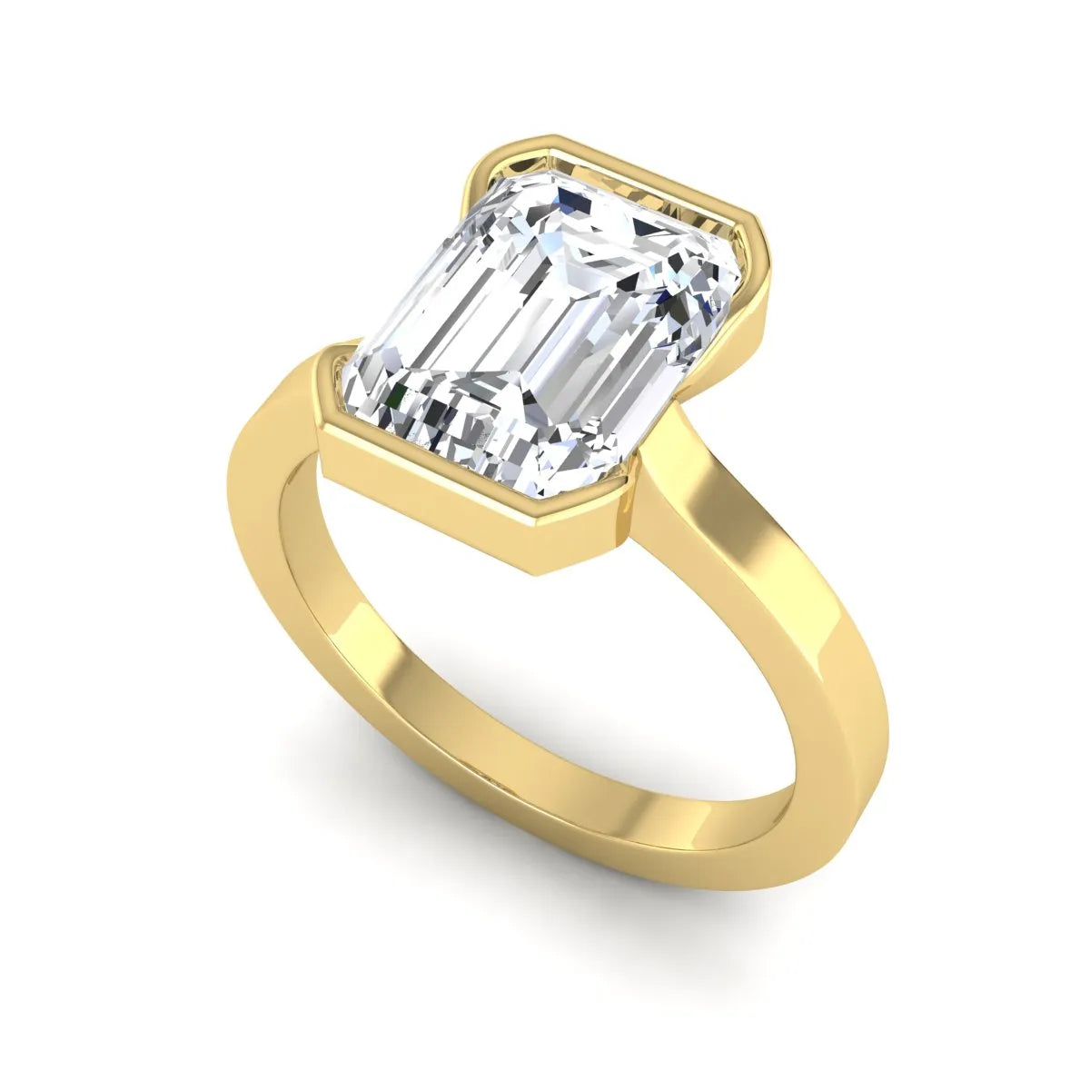 Emerald cut lab grown diamond half bezel solitaire engagement ring in yellow gold setting
