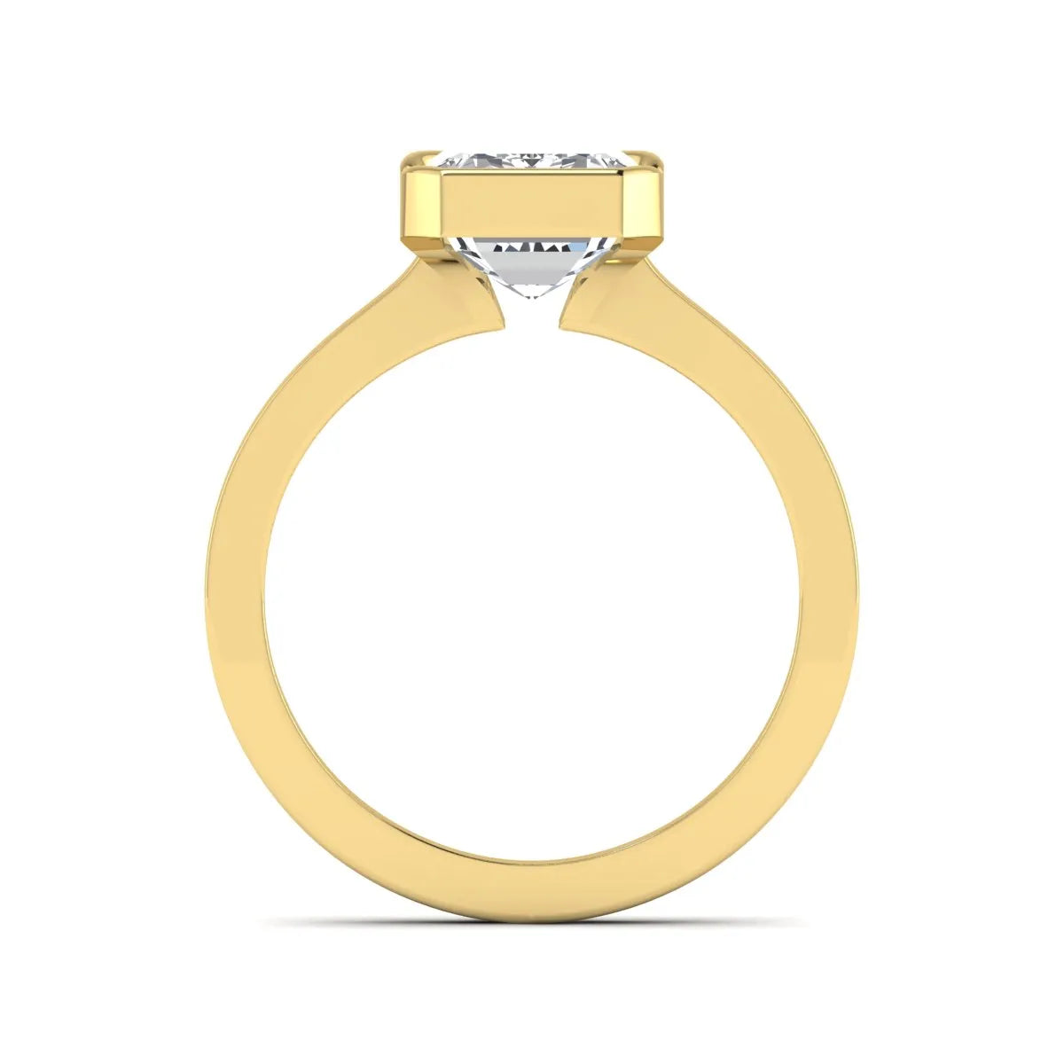Emerald cut lab grown diamond half bezel solitaire engagement ring in yellow gold setting