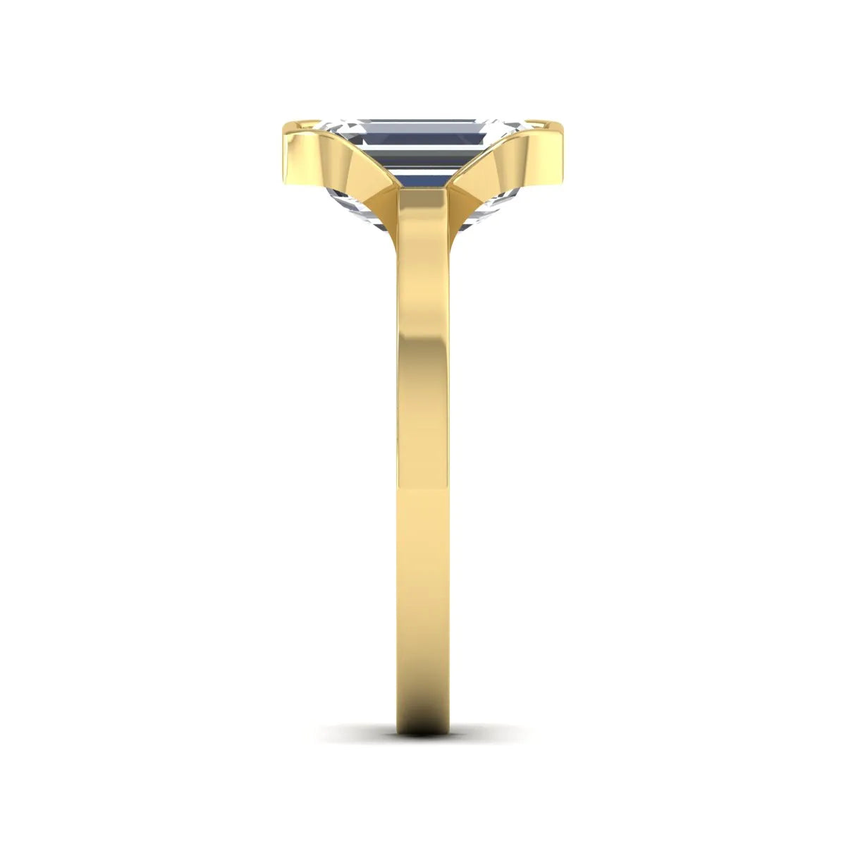 Emerald cut lab grown diamond half bezel solitaire engagement ring in yellow gold setting