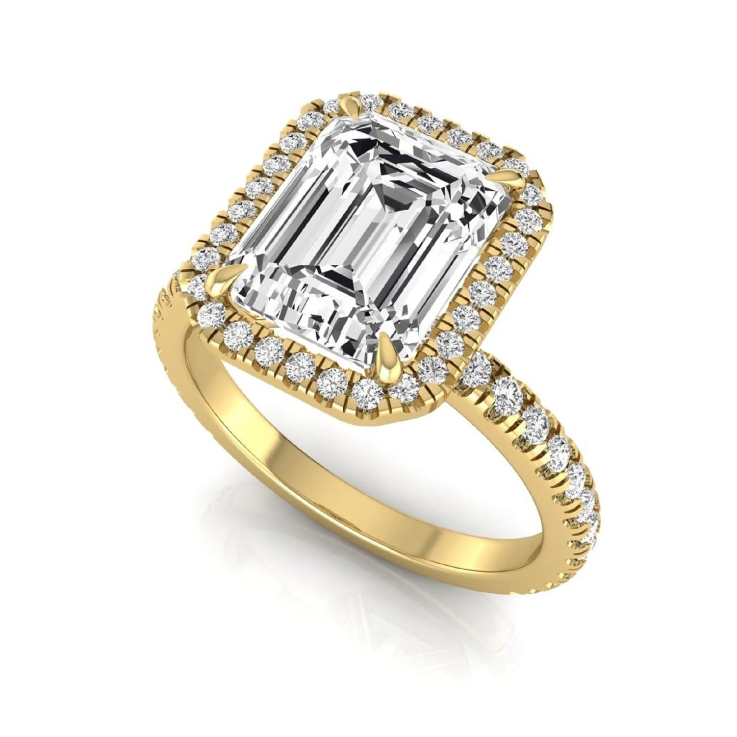 Emerald cut lab grown diamond engagement ring featuring a round diamond halo, pavé accent band, and four-prong setting with a polished yellow gold tone band.