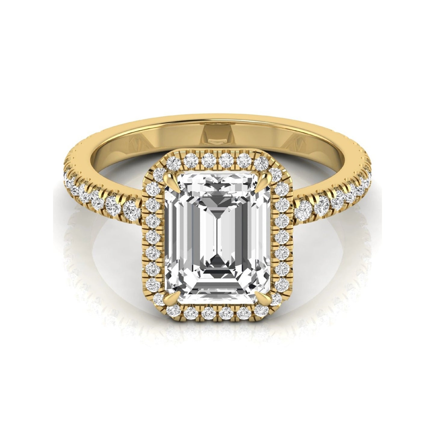 Emerald cut lab grown diamond engagement ring featuring a round diamond halo, pavé accent band, and four-prong setting with a polished yellow gold tone band.
