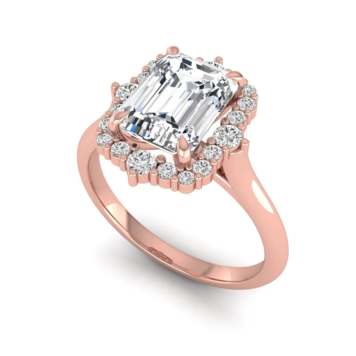 Emerald cut lab grown diamond halo engagement ring with round accent diamonds in a rose gold tone four-prong setting.