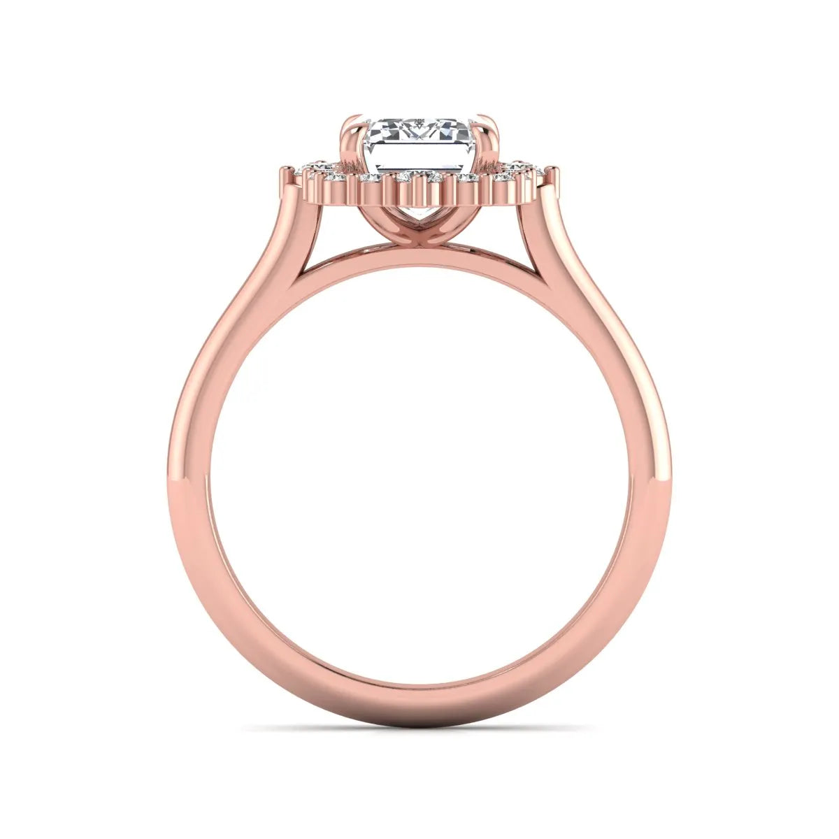 Emerald cut lab grown diamond halo engagement ring with round accent diamonds in a rose gold tone four-prong setting.