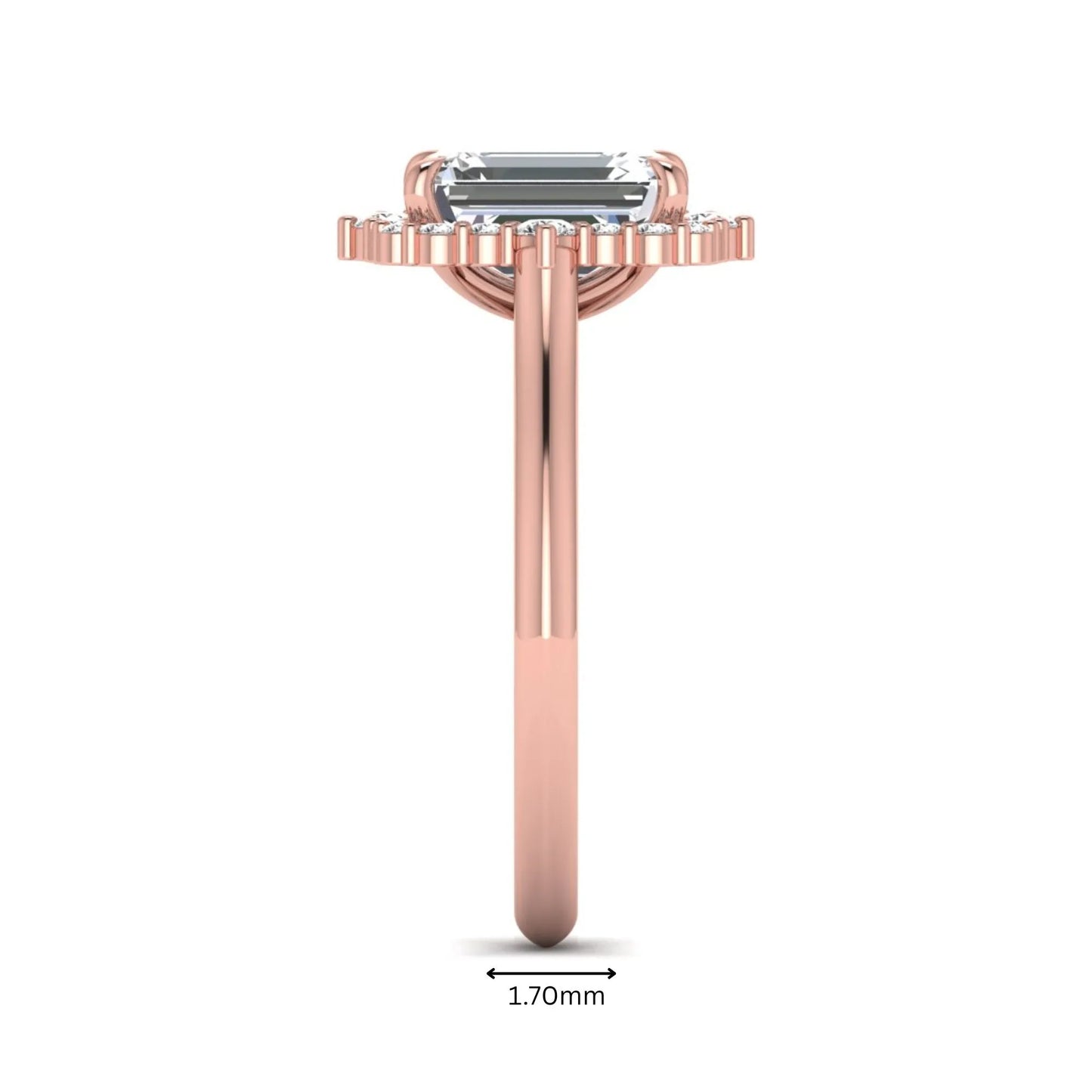 Emerald cut lab grown diamond halo engagement ring with round accent diamonds in a rose gold tone four-prong setting.