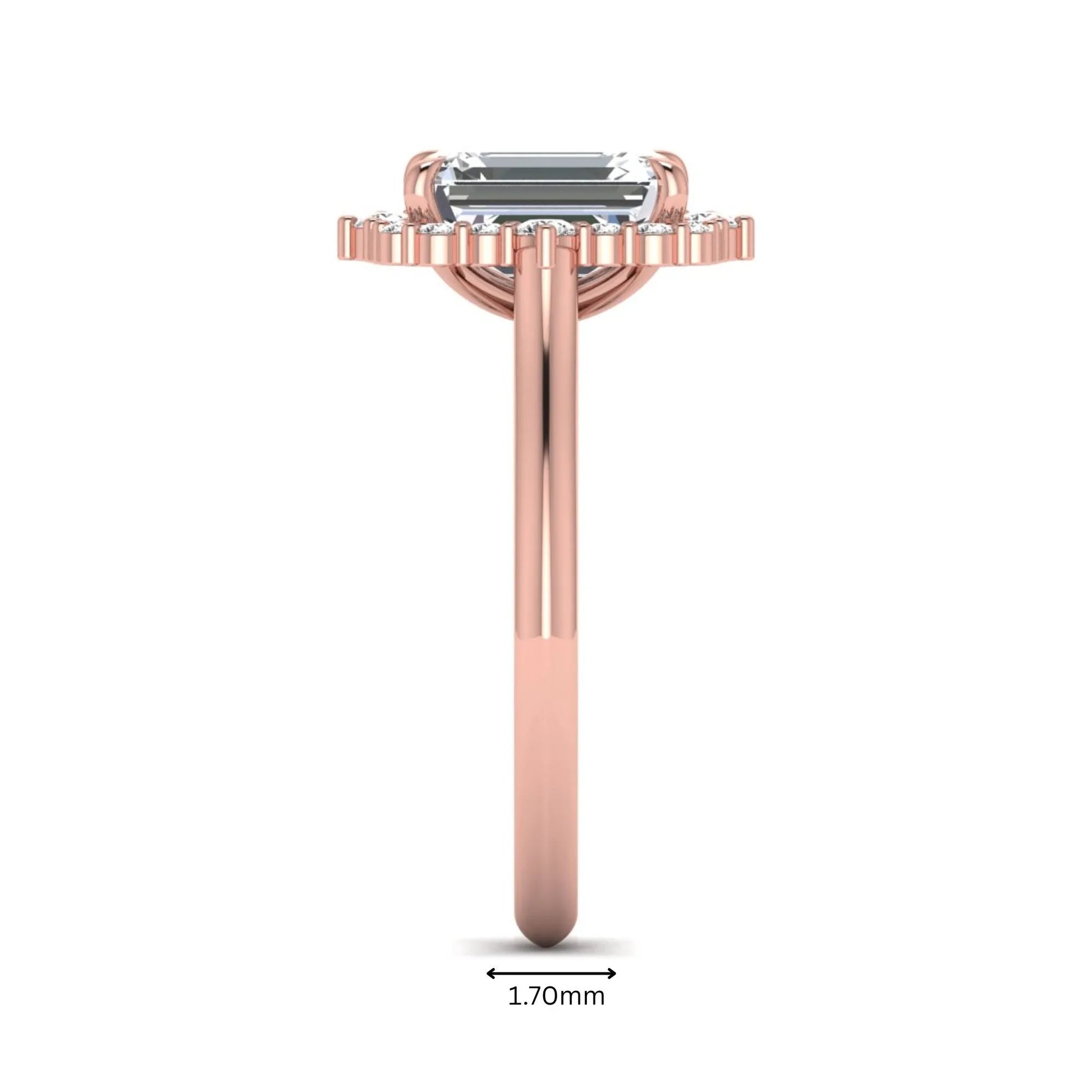 Emerald cut lab grown diamond halo engagement ring with round accent diamonds in a rose gold tone four-prong setting.