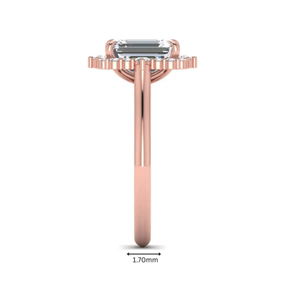 Emerald cut lab grown diamond halo engagement ring with round accent diamonds in a rose gold tone four-prong setting.