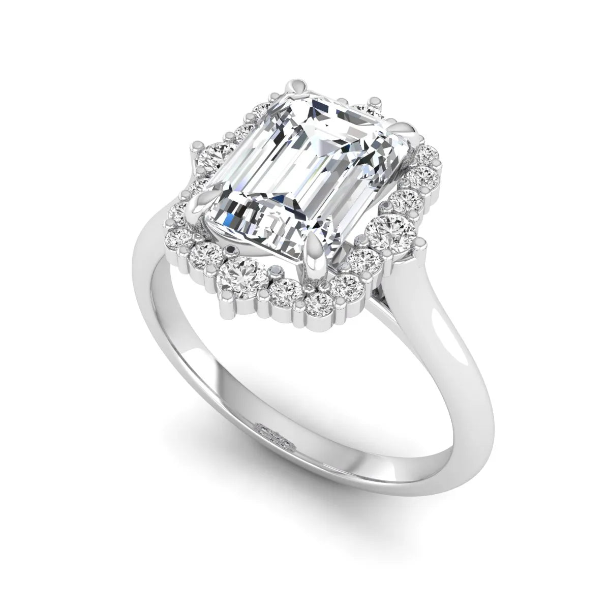 Emerald cut lab grown diamond halo engagement ring with round accent diamonds in a white gold tone four-prong setting.