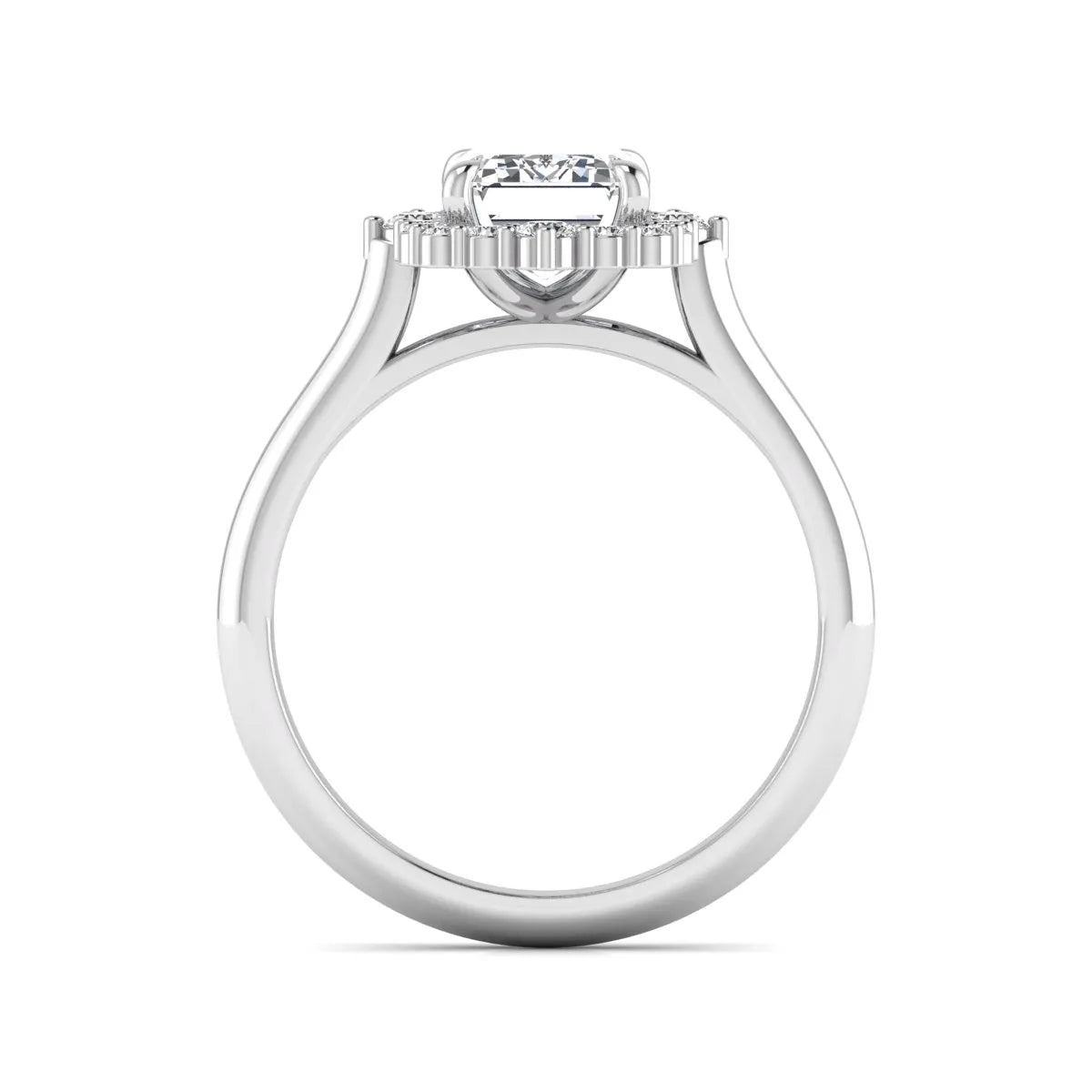Emerald cut lab grown diamond halo engagement ring with round accent diamonds in a white gold tone four-prong setting.