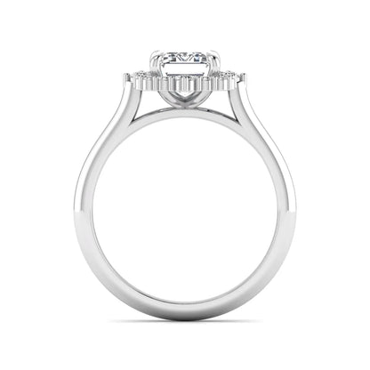 Emerald cut lab grown diamond halo engagement ring with round accent diamonds in a white gold tone four-prong setting.
