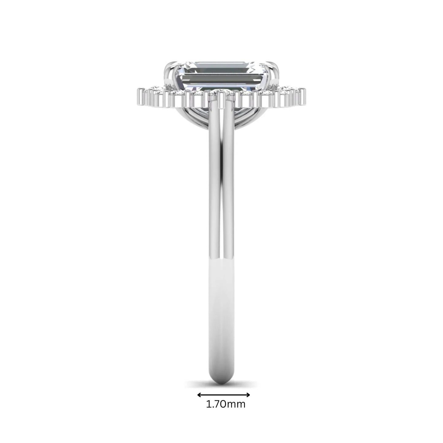 Emerald cut lab grown diamond halo engagement ring with round accent diamonds in a white gold tone four-prong setting.