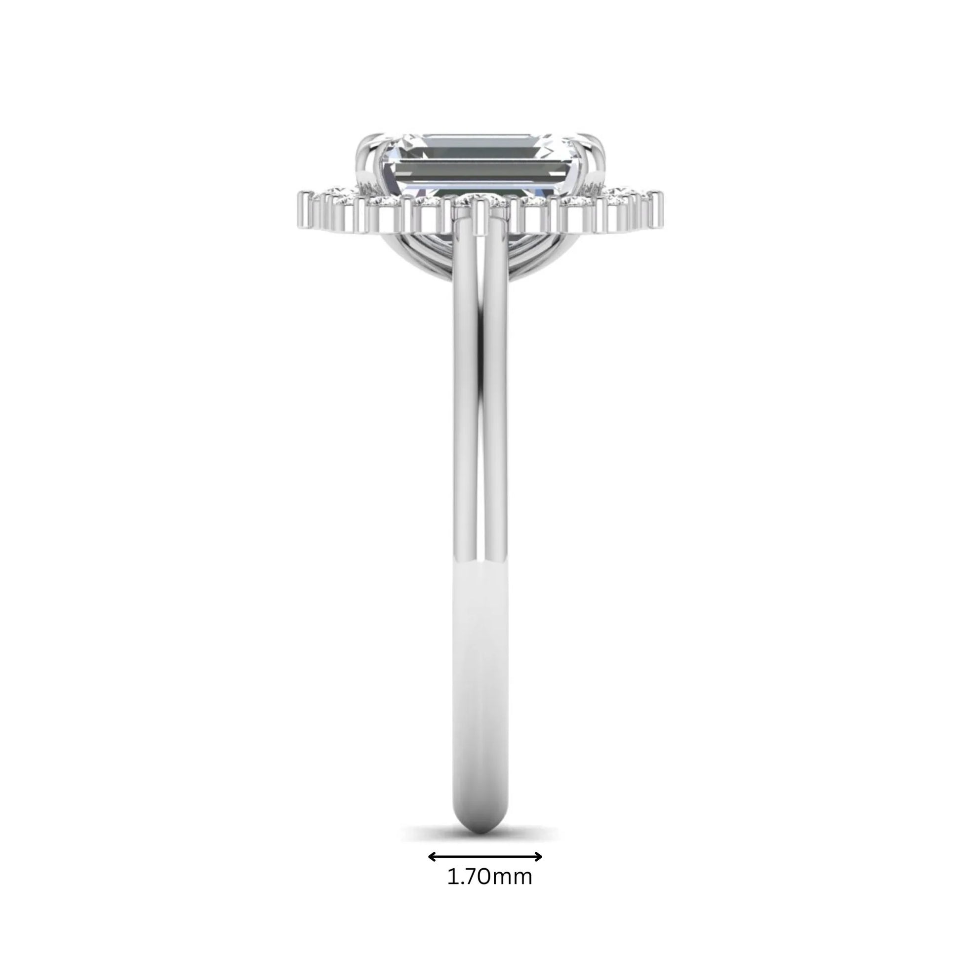 Emerald cut lab grown diamond halo engagement ring with round accent diamonds in a white gold tone four-prong setting.