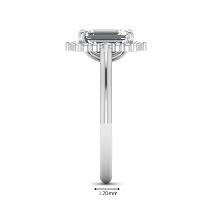 Emerald cut lab grown diamond halo engagement ring with round accent diamonds in a white gold tone four-prong setting.