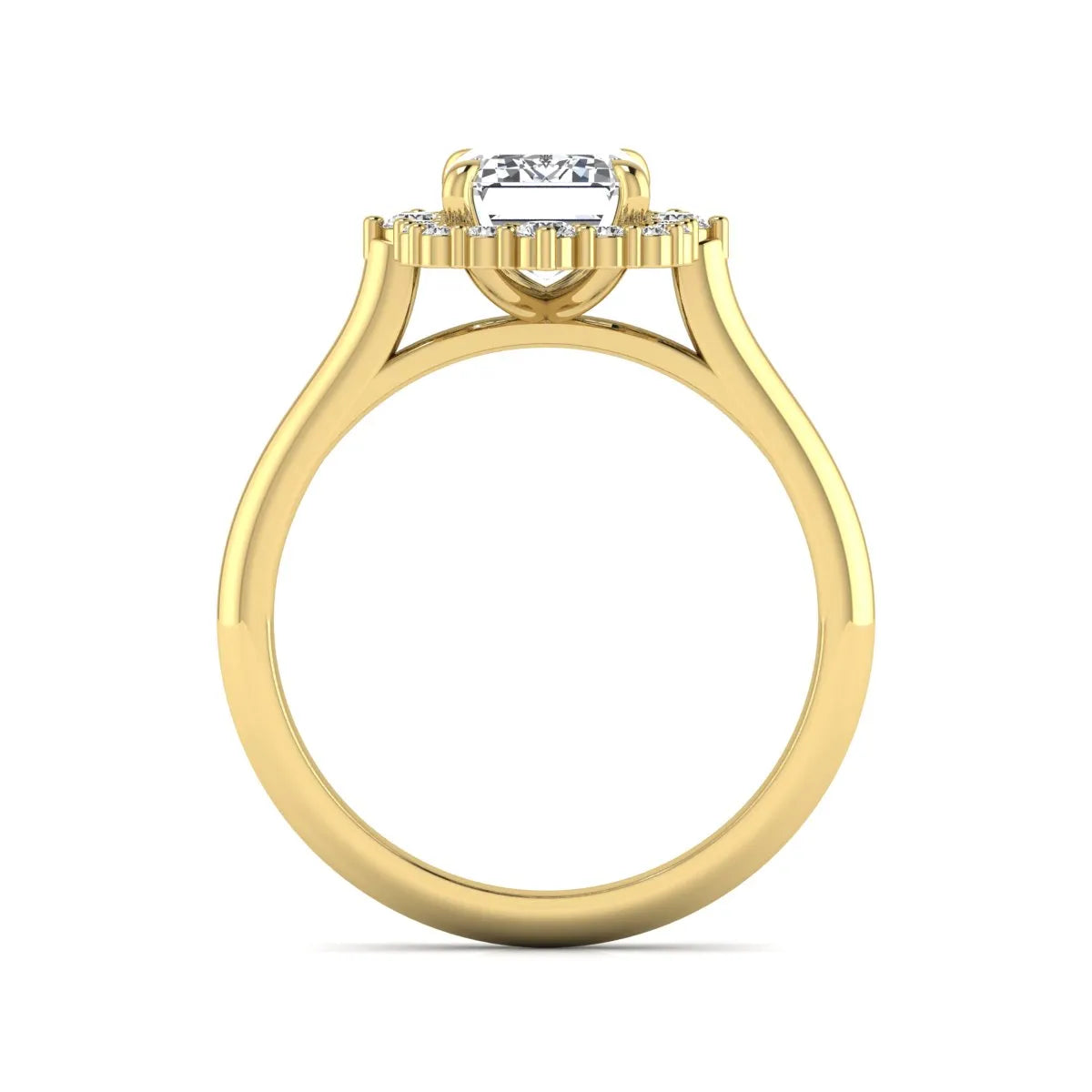 Emerald cut lab grown diamond halo engagement ring with round accent diamonds in a yellow gold tone four-prong setting.