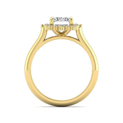 Emerald cut lab grown diamond halo engagement ring with round accent diamonds in a yellow gold tone four-prong setting.
