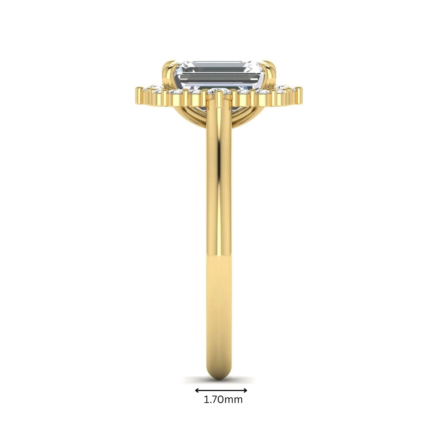 Emerald cut lab grown diamond halo engagement ring with round accent diamonds in a yellow gold tone four-prong setting.