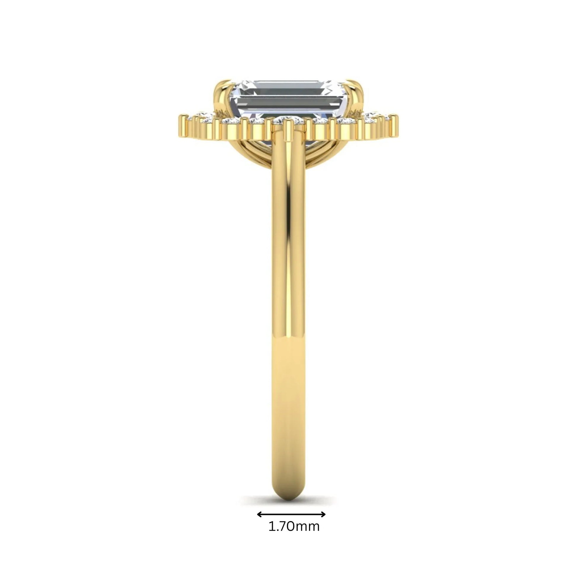 Emerald cut lab grown diamond halo engagement ring with round accent diamonds in a yellow gold tone four-prong setting.