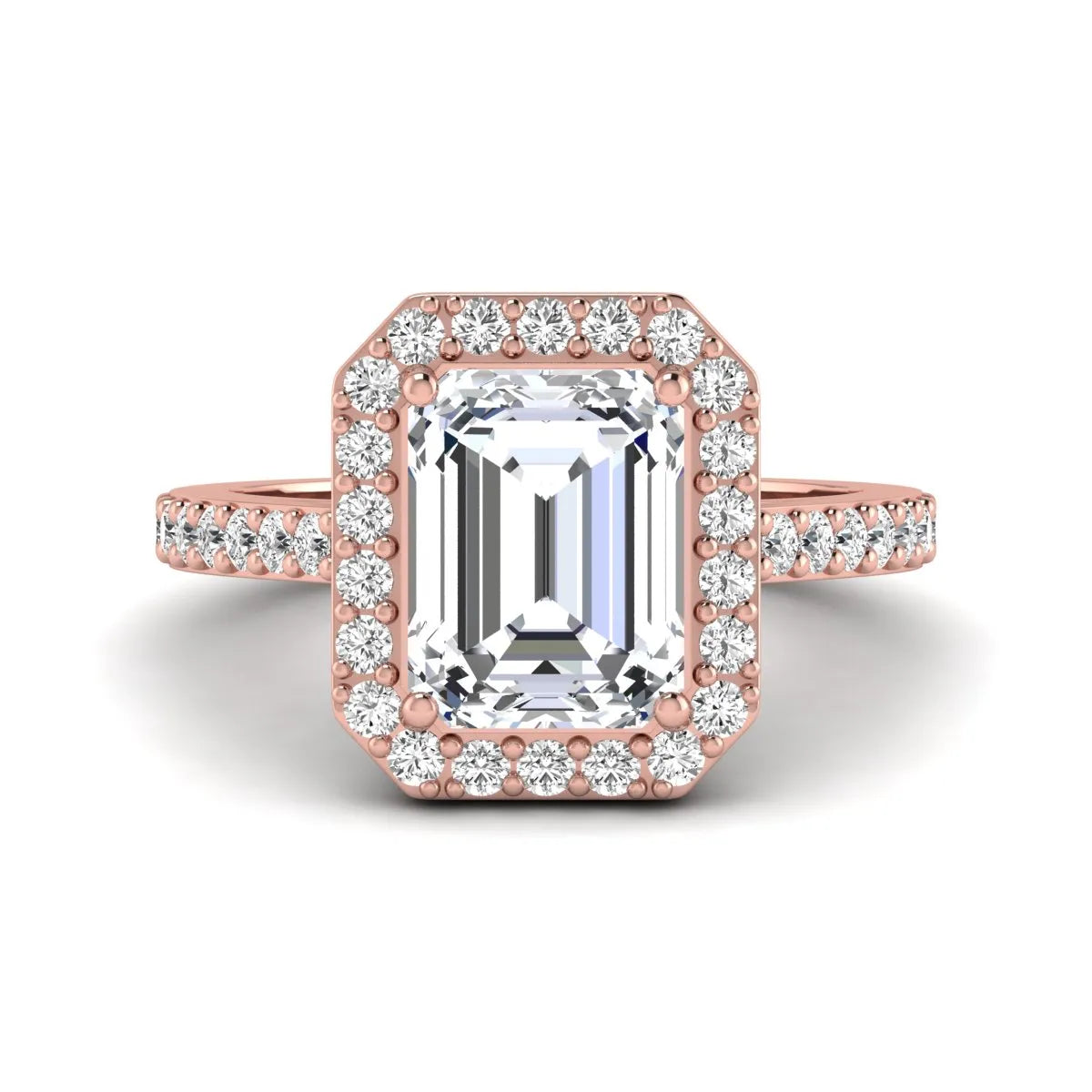 IGI Certified 2.75 carat emerald cut lab grown diamond halo engagement ring with pavé diamond band in rose gold.