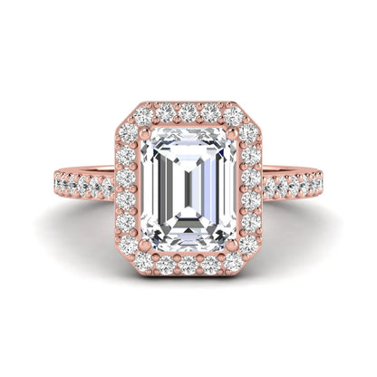 IGI Certified 2.75 carat emerald cut lab grown diamond halo engagement ring with pavé diamond band in rose gold.