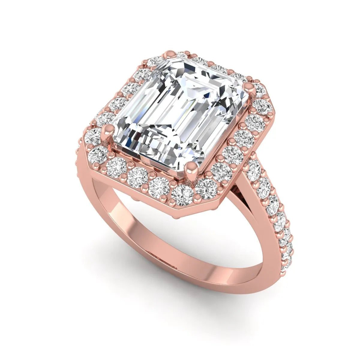 IGI Certified 2.75 carat emerald cut lab grown diamond halo engagement ring with pavé diamond band in rose gold.