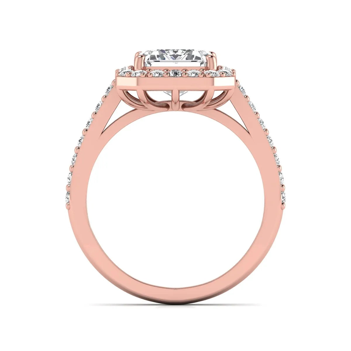 IGI Certified 2.75 carat emerald cut lab grown diamond halo engagement ring with pavé diamond band in rose gold.