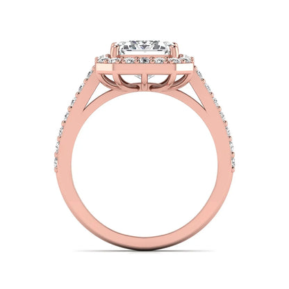 IGI Certified 2.75 carat emerald cut lab grown diamond halo engagement ring with pavé diamond band in rose gold.