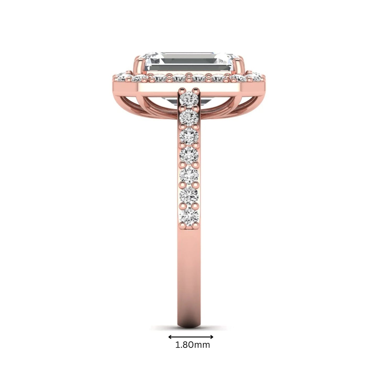 IGI Certified 2.75 carat emerald cut lab grown diamond halo engagement ring with pavé diamond band in rose gold.