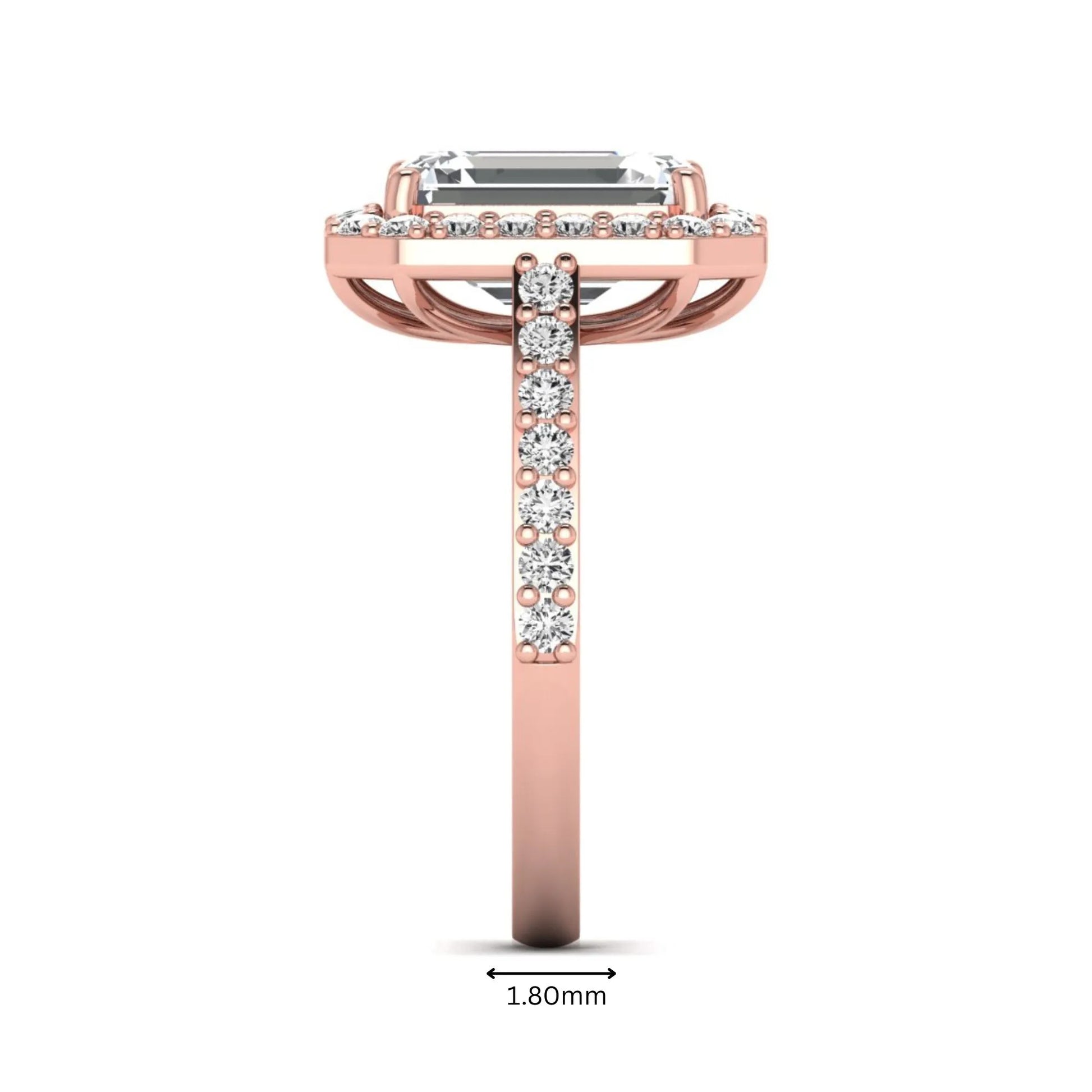 IGI Certified 2.75 carat emerald cut lab grown diamond halo engagement ring with pavé diamond band in rose gold.