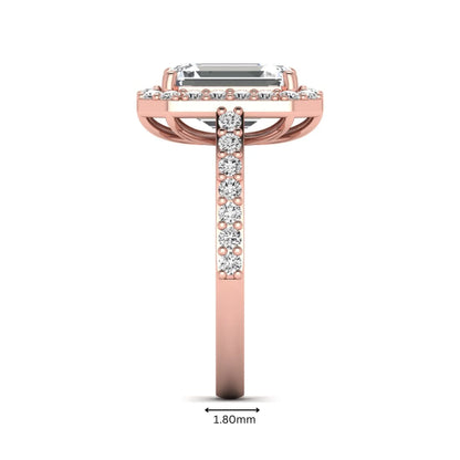 IGI Certified 2.75 carat emerald cut lab grown diamond halo engagement ring with pavé diamond band in rose gold.