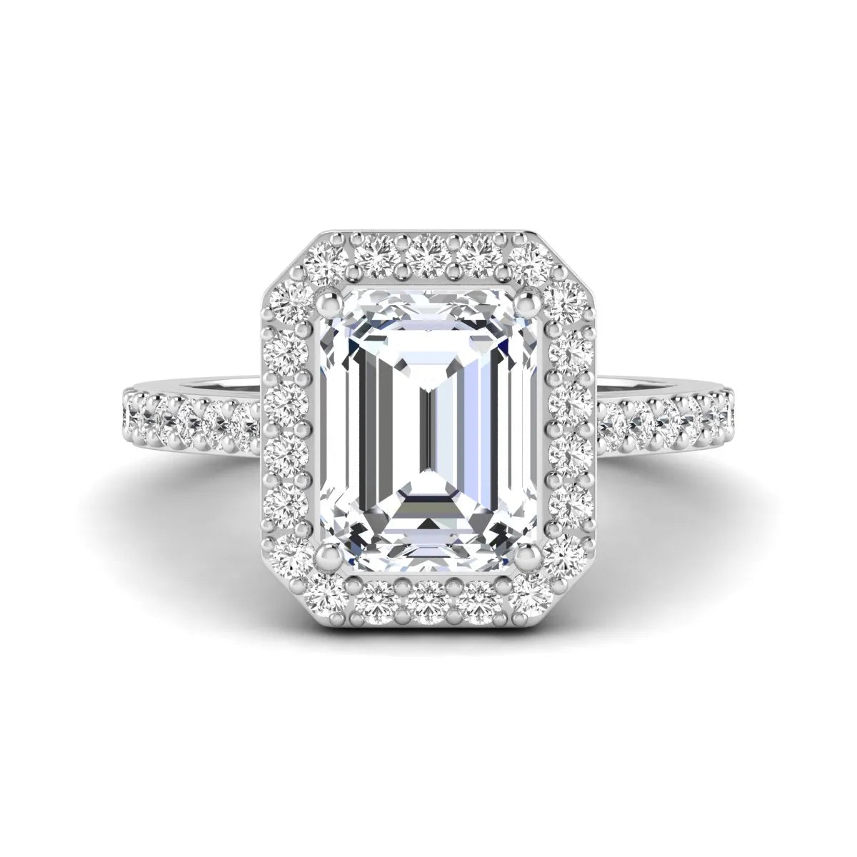 IGI Certified 2.75 carat emerald cut lab grown diamond halo engagement ring with pavé diamond band in white gold.