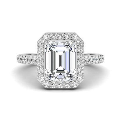 IGI Certified 2.75 carat emerald cut lab grown diamond halo engagement ring with pavé diamond band in white gold.
