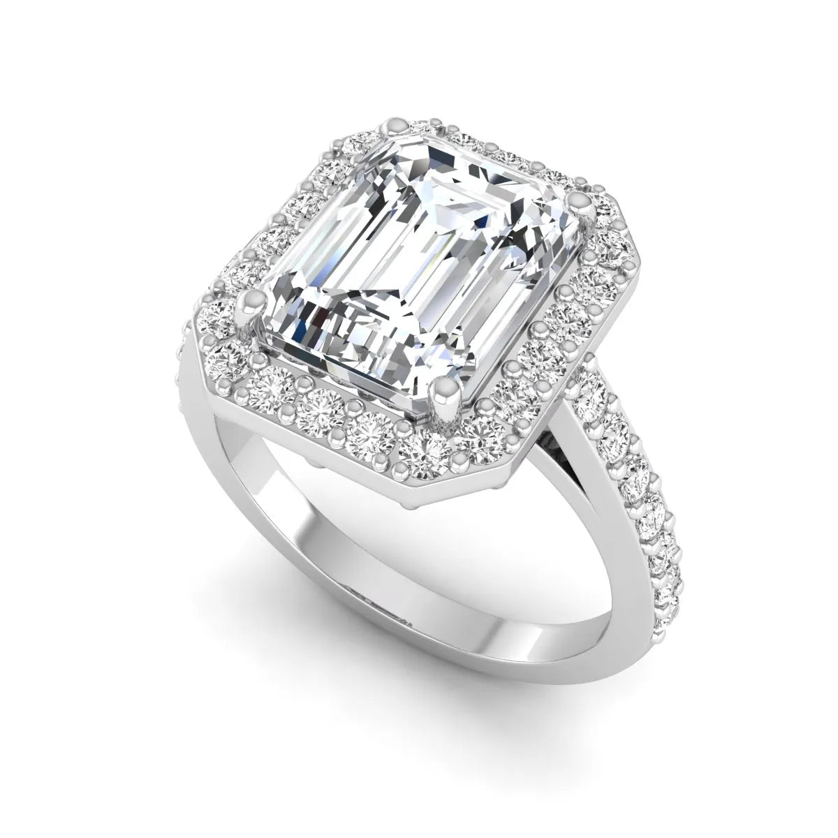 IGI Certified 2.75 carat emerald cut lab grown diamond halo engagement ring with pavé diamond band in white gold.