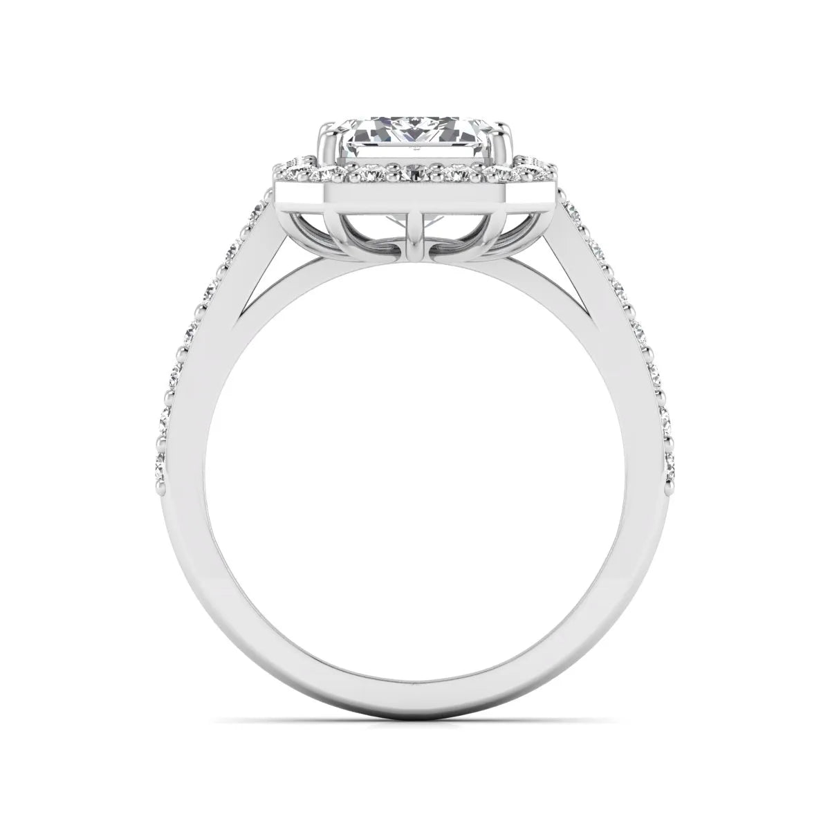 IGI Certified 2.75 carat emerald cut lab grown diamond halo engagement ring with pavé diamond band in white gold.