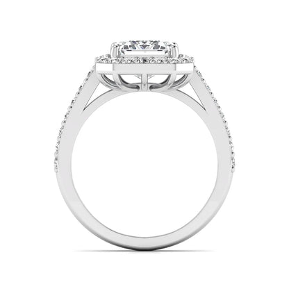 IGI Certified 2.75 carat emerald cut lab grown diamond halo engagement ring with pavé diamond band in white gold.