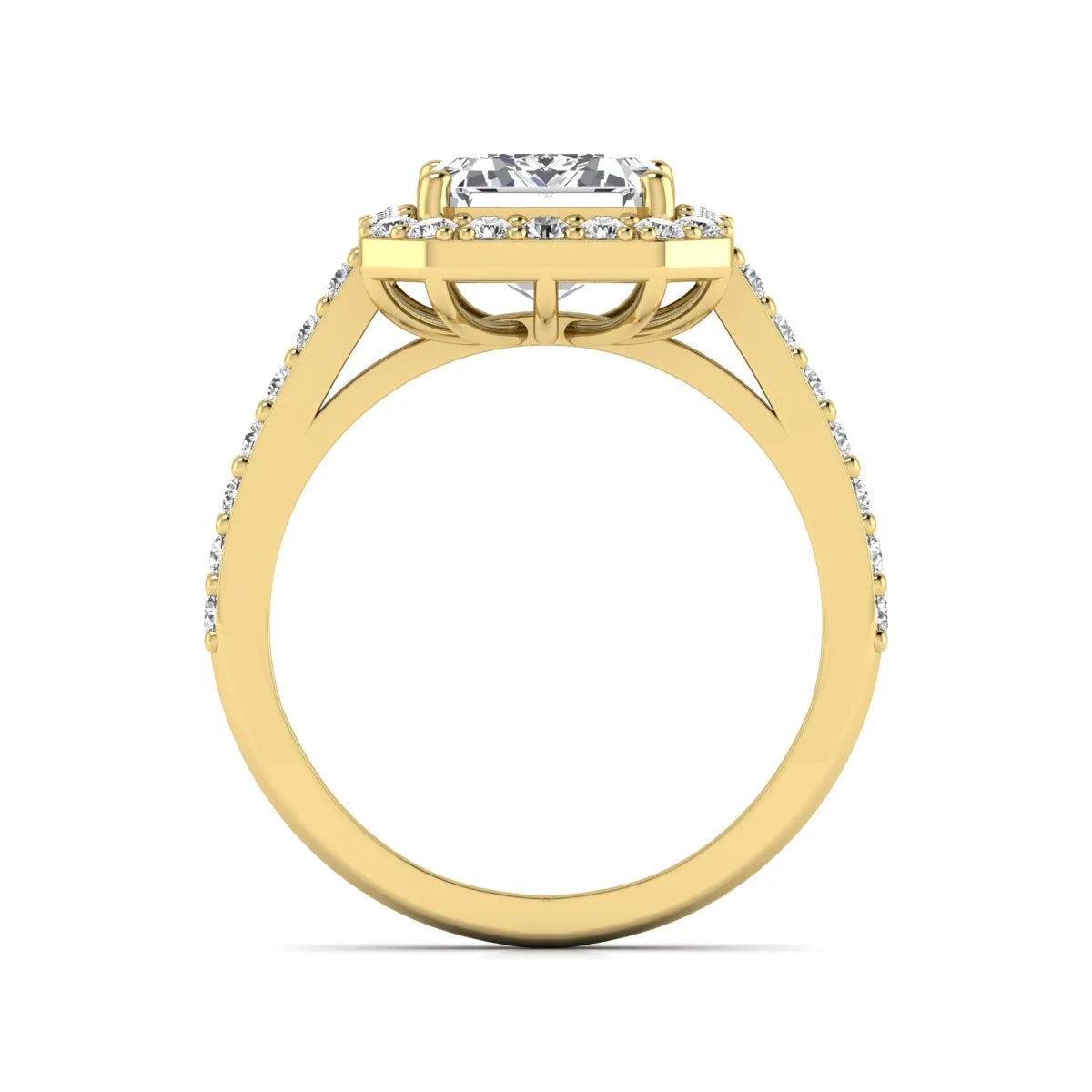IGI Certified 2.75 carat emerald cut lab grown diamond halo engagement ring with pavé diamond band in yellow gold.