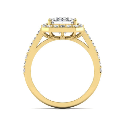 IGI Certified 2.75 carat emerald cut lab grown diamond halo engagement ring with pavé diamond band in yellow gold.