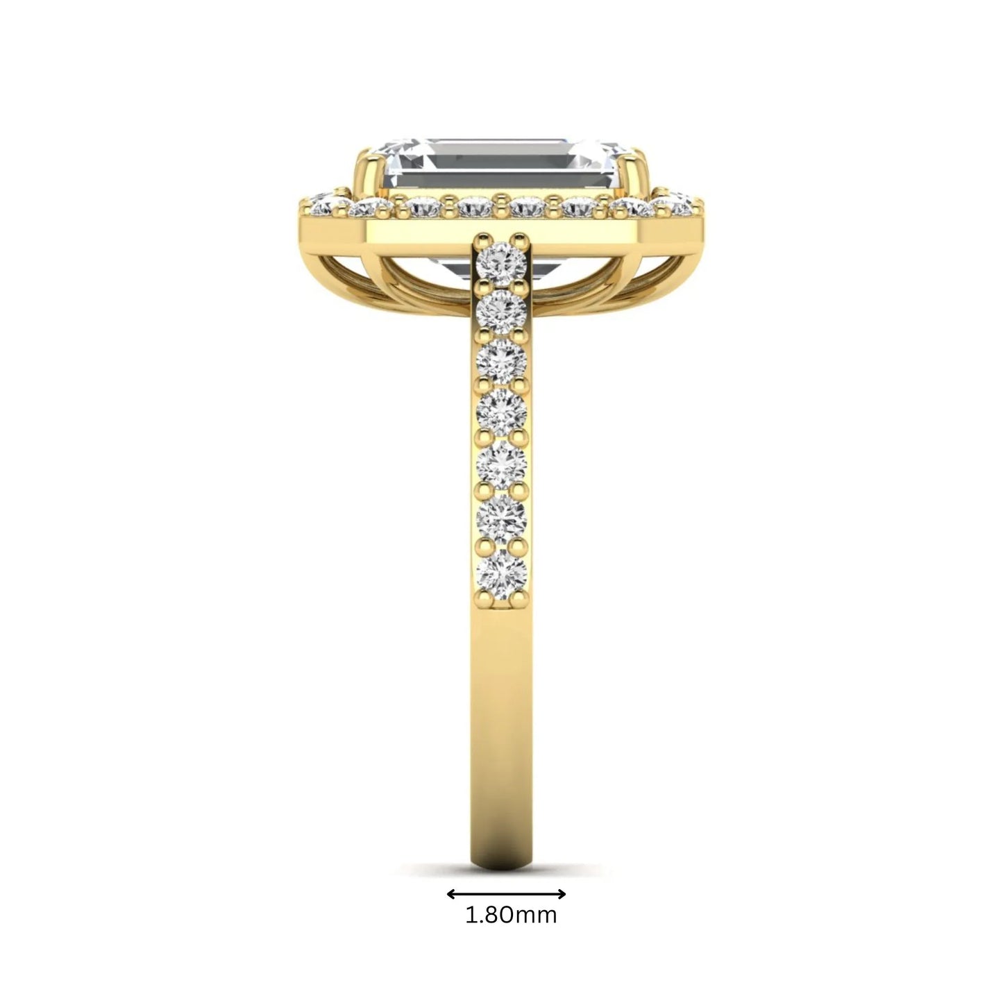 IGI Certified 2.75 carat emerald cut lab grown diamond halo engagement ring with pavé diamond band in yellow gold.