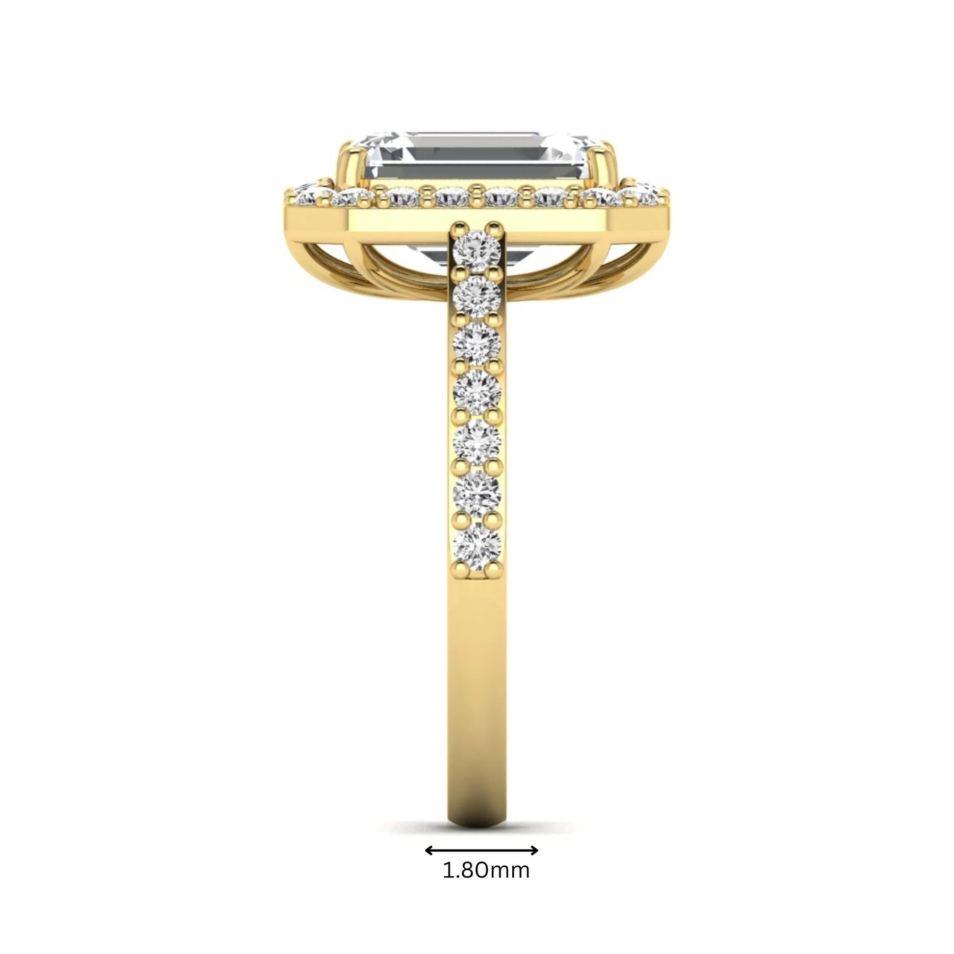 IGI Certified 2.75 carat emerald cut lab grown diamond halo engagement ring with pavé diamond band in yellow gold.