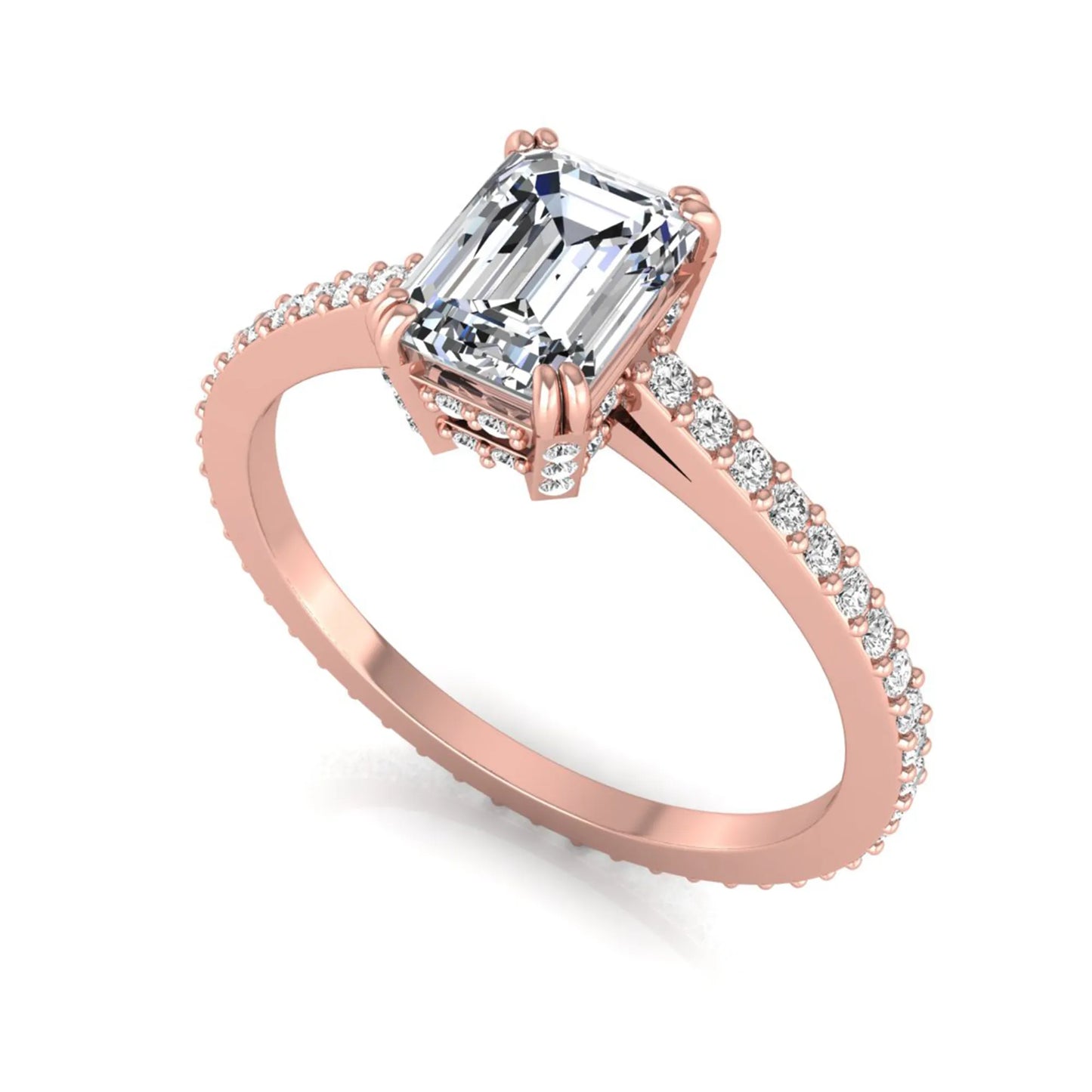 Emerald cut lab grown diamond engagement ring with hidden halo, pavé band, and four-prong setting in rose gold tone design